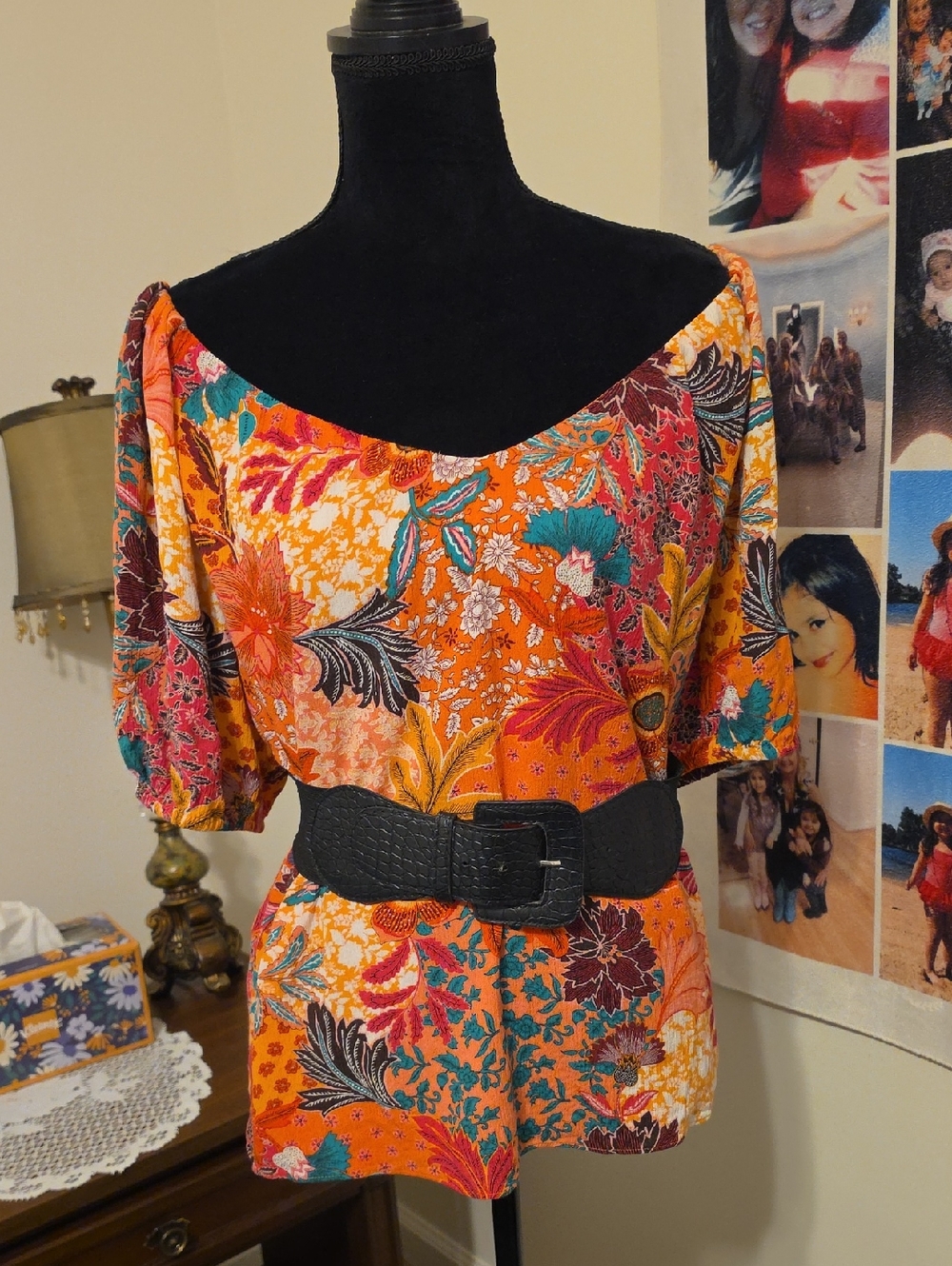 LOFT Orange Floral Off-Shoulder Puff Sleeve Top